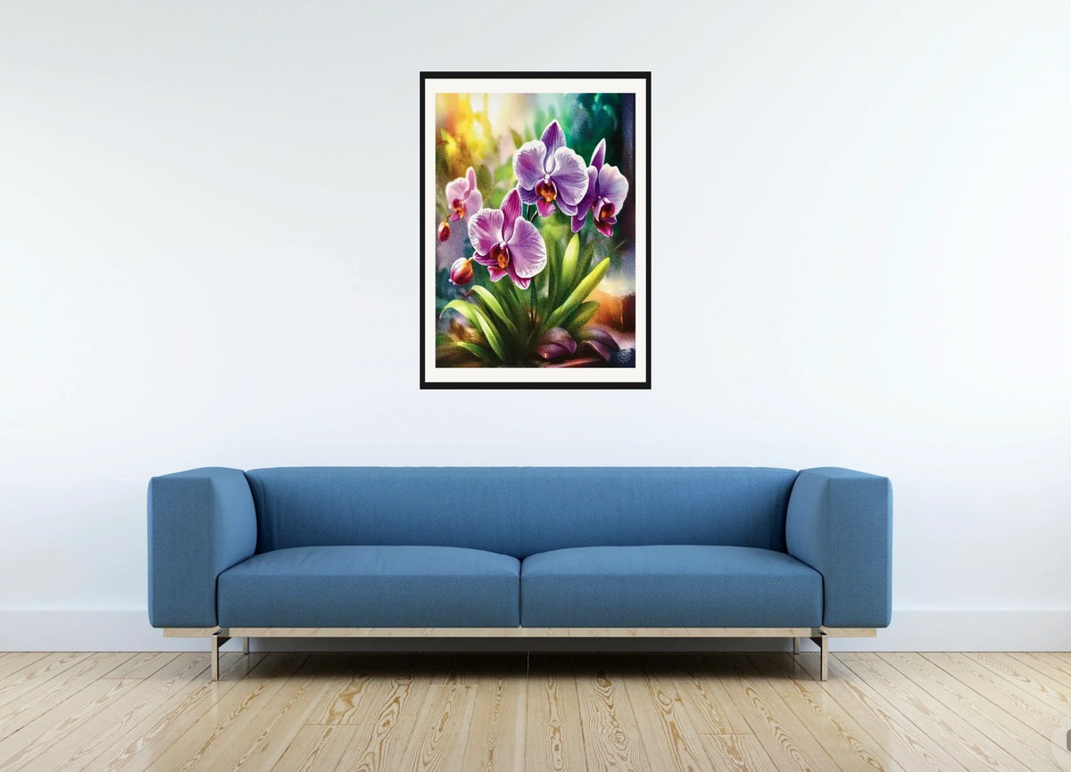 Purple Orchids - large 24 x 36 matted and framed art print shown hanging on a wall