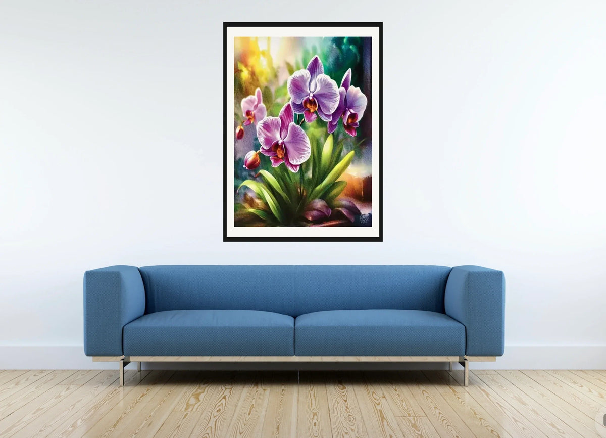 Purple Orchids - extra large 36 x 48 matted and framed art print shown hanging on a wall