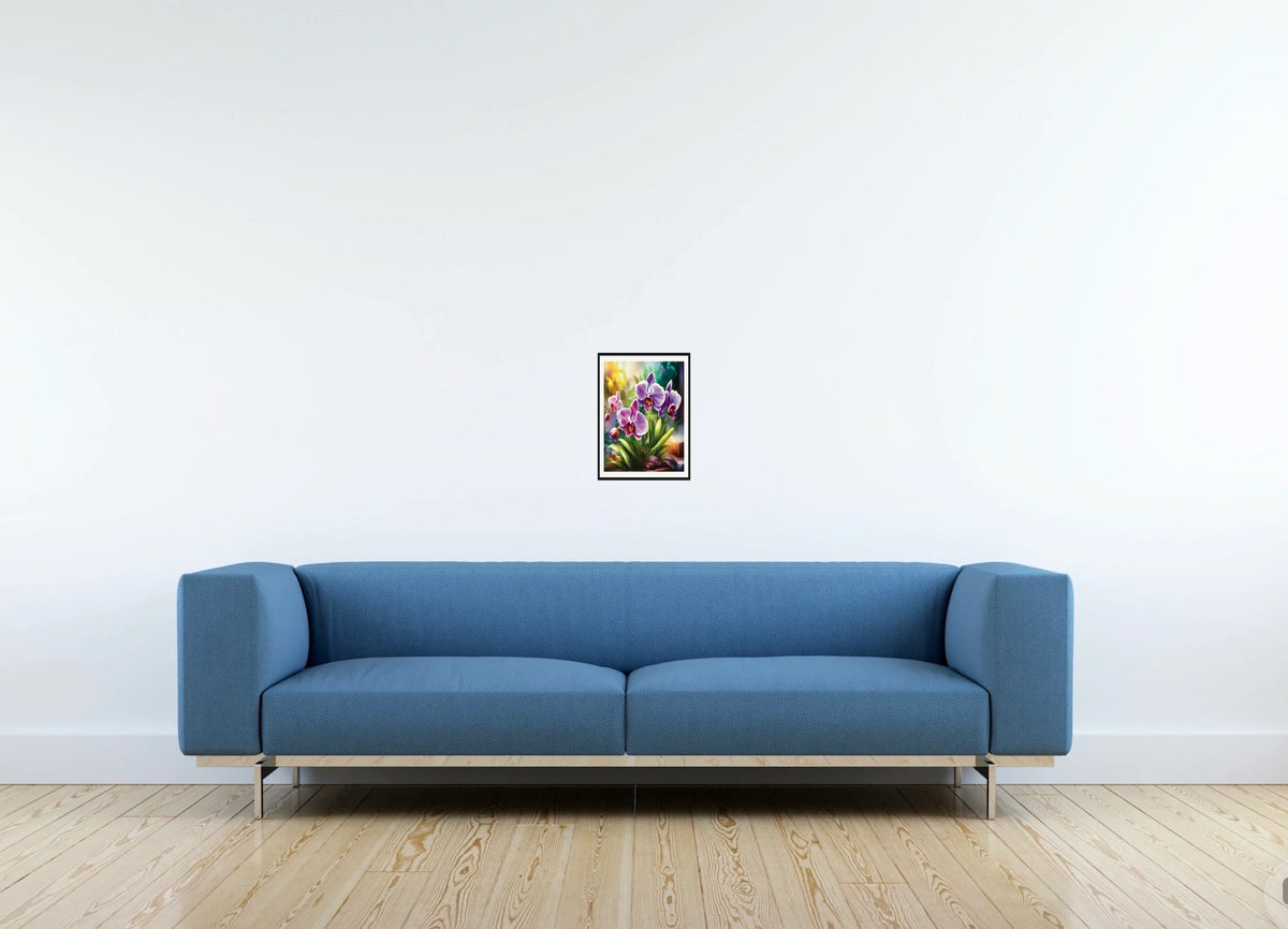 Purple Orchids - small 8 x 10 matted and framed art print shown hanging on a wall
