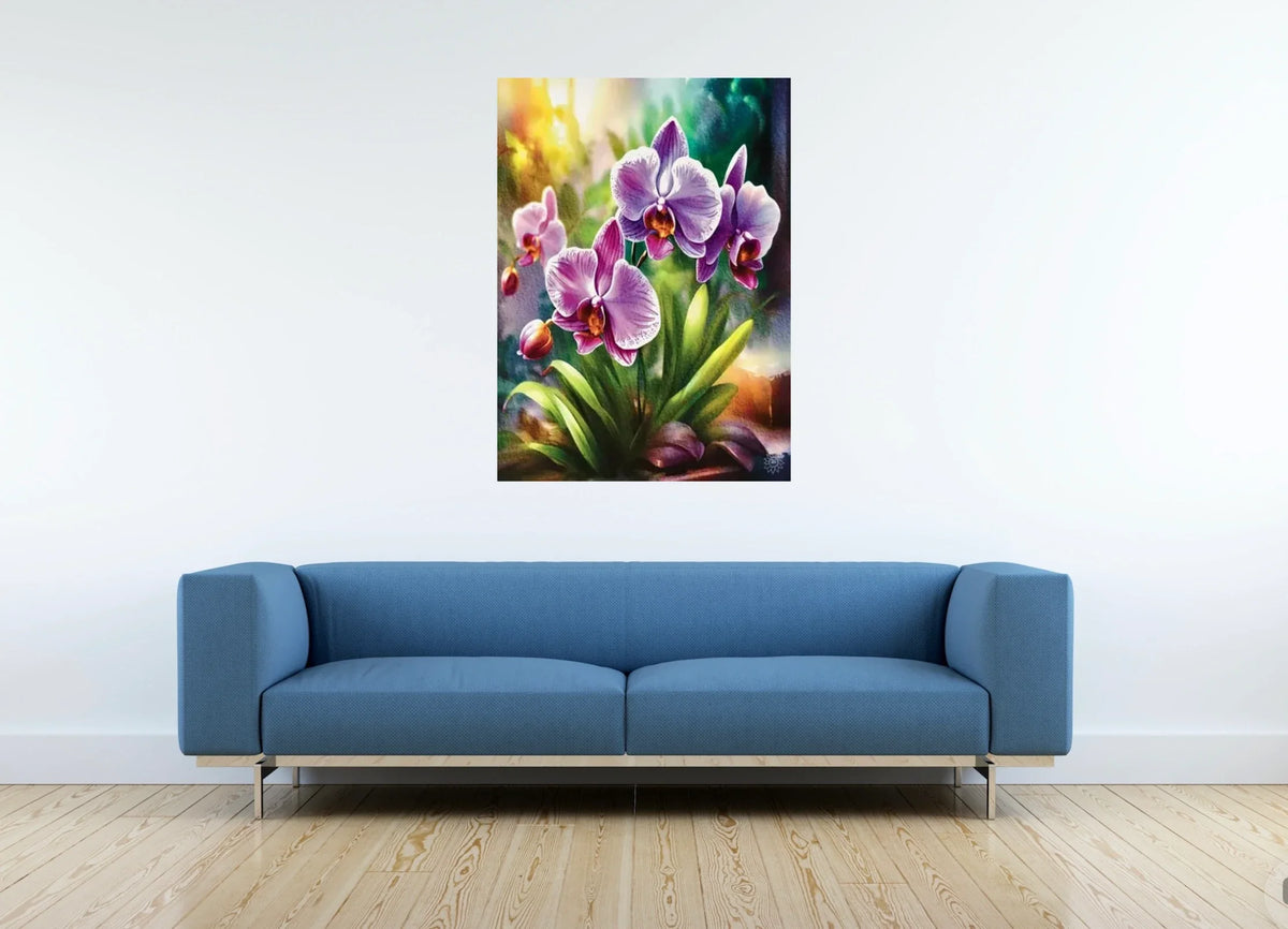 Purple Orchids - extra large 36 x 48 unframed art print shown hanging on a wall