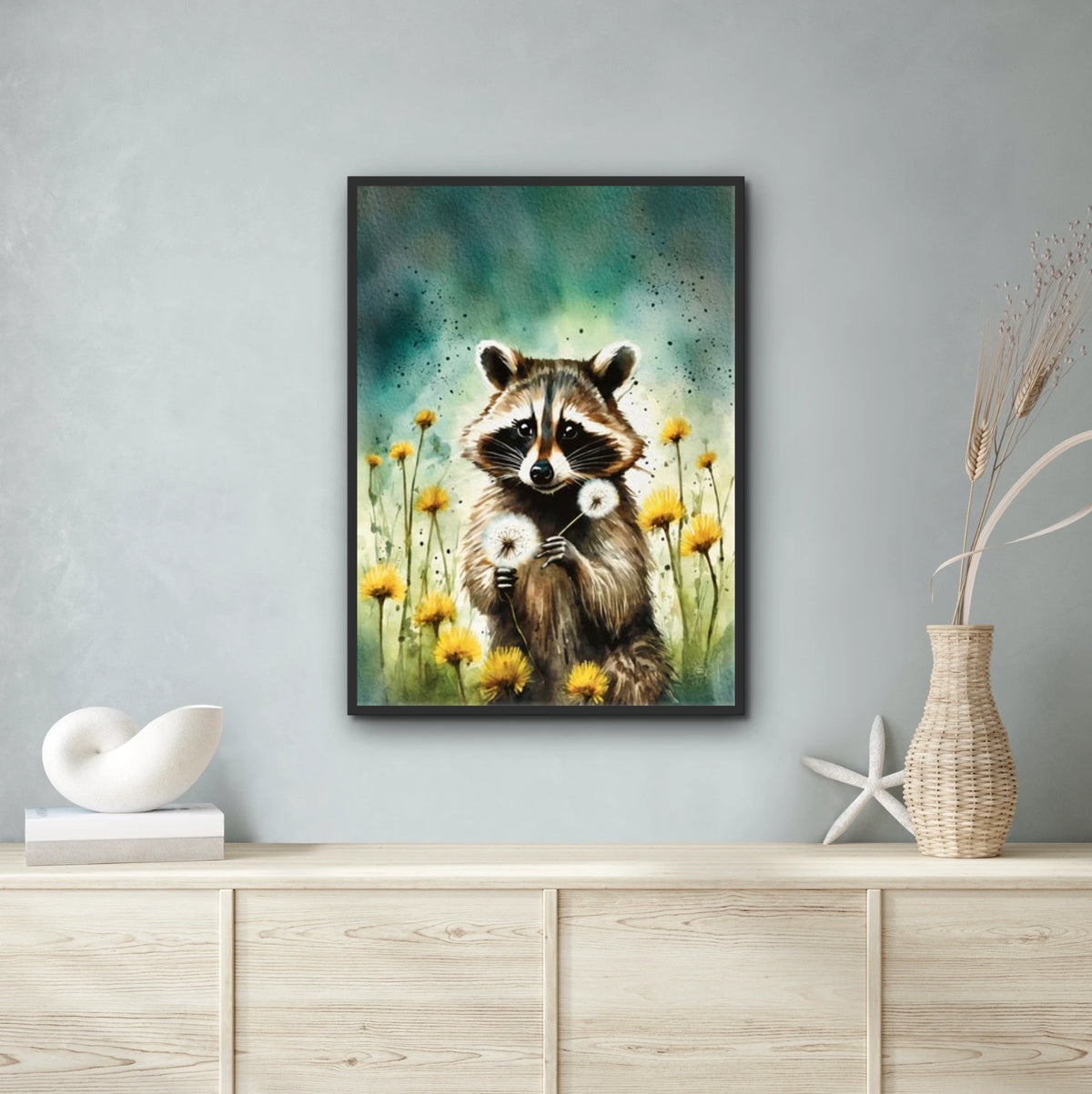 Raccoon Among Dandelions - extra large 36 x 48 framed art print shown hanging on a wall