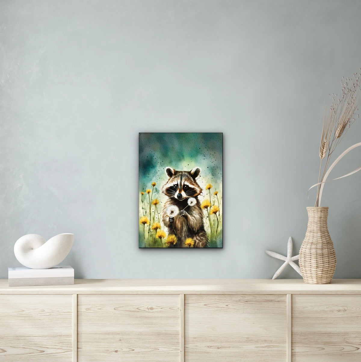 Raccoon Among Dandelions - large 24 x 36 unframed art print shown hanging on a wall