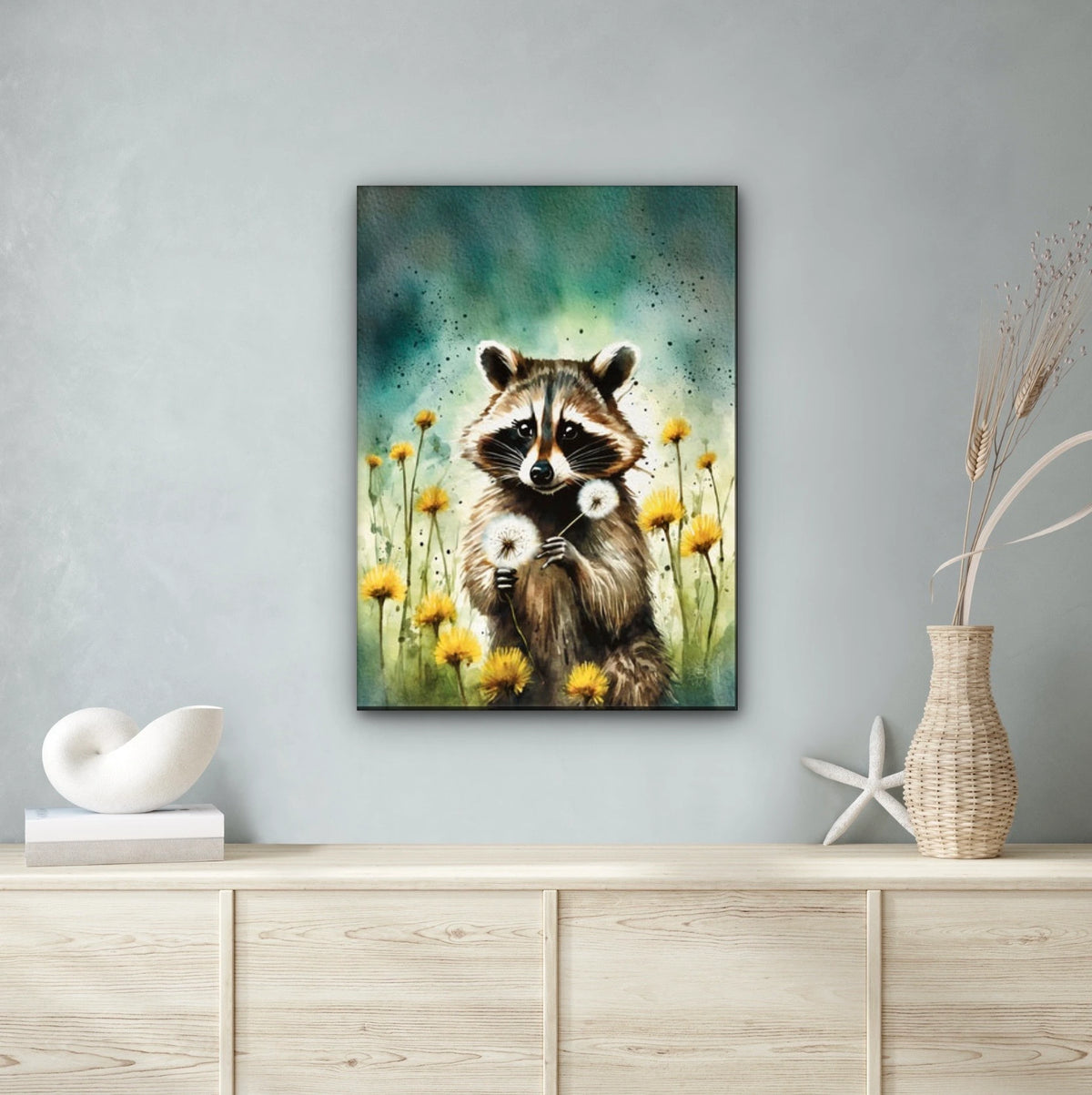 Raccoon Among Dandelions - extra large 36 x 48 unframed art print shown hanging on a wall
