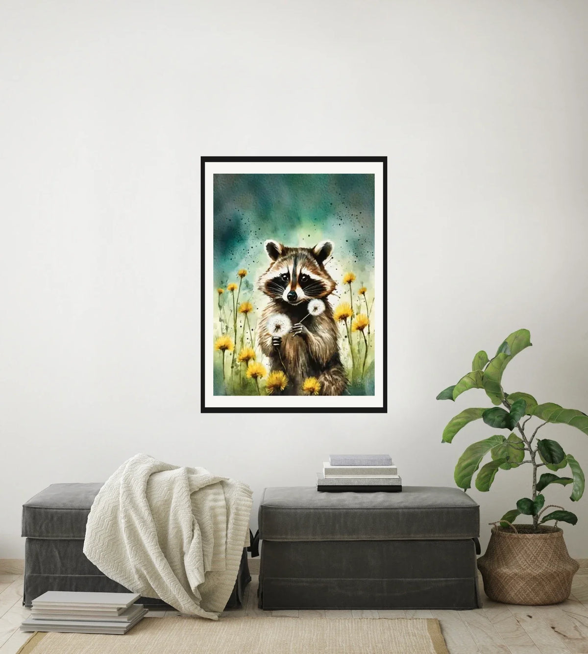 Raccoon Among Dandelions - large 24 x 36 matted and framed art print shown hanging on a wall