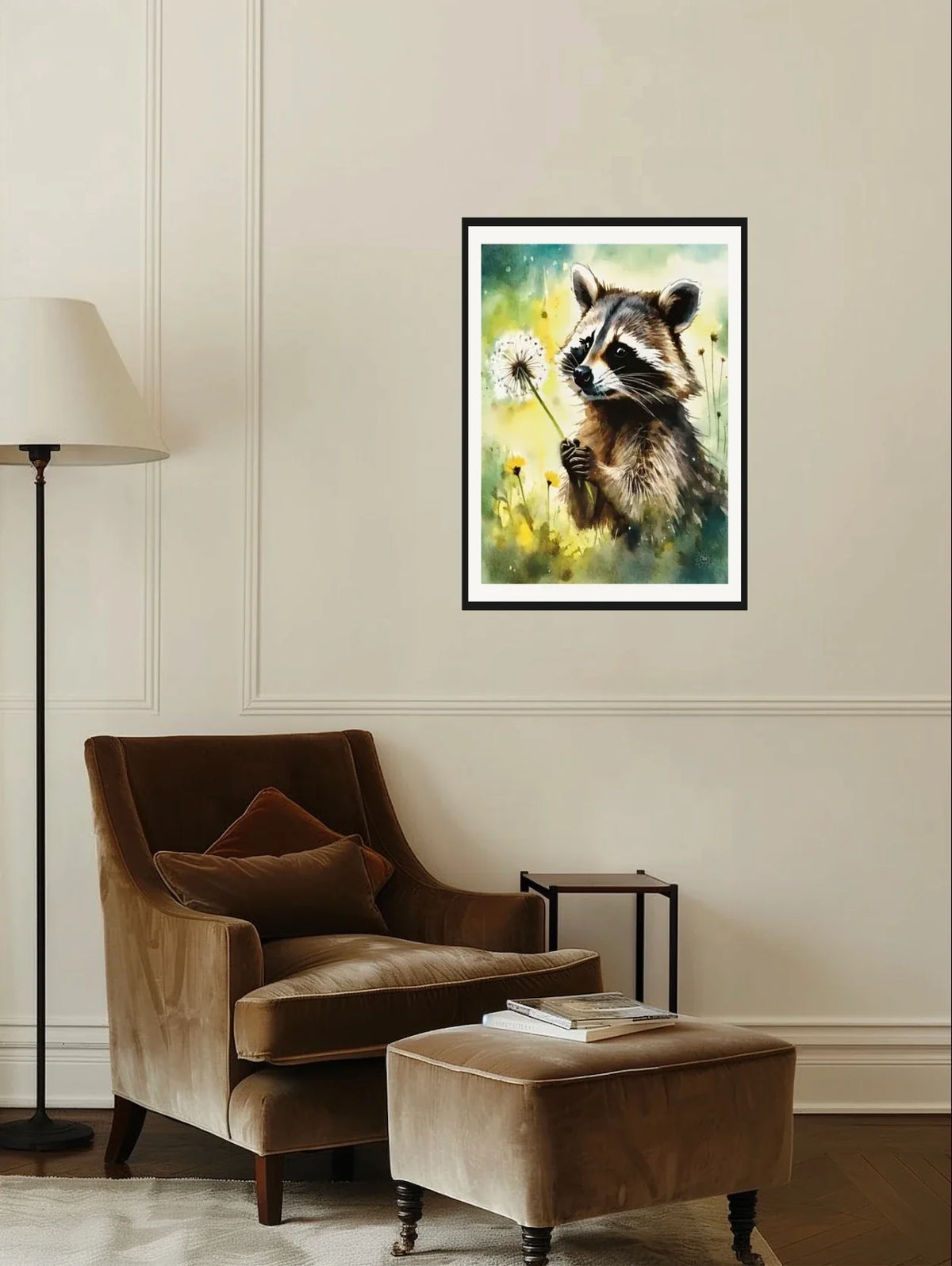 Raccoon Shaking a Dandelion - large 24 x 36 matted and framed art print shown hanging on a wall