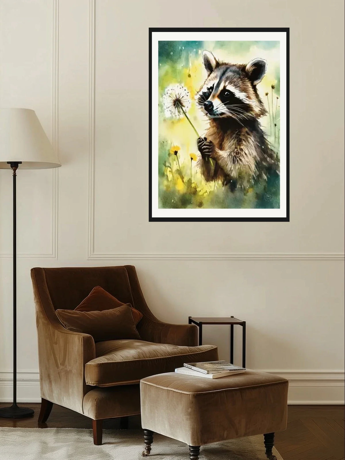Raccoon Shaking a Dandelion - extra large 36 x 48 matted and framed art print shown hanging on a wall