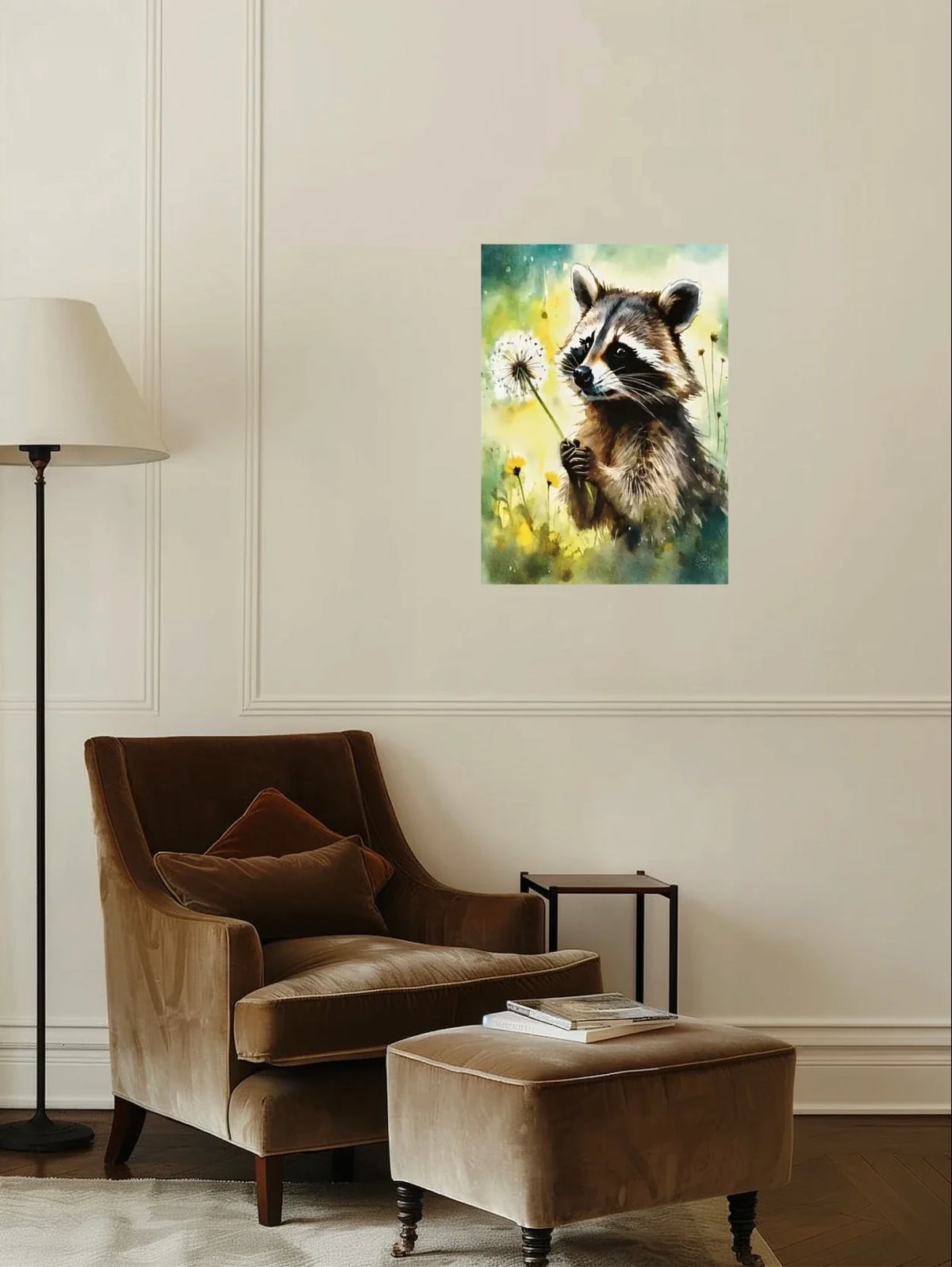 Raccoon Shaking a Dandelion - large 24 x 36 unframed art print shown hanging on a wall