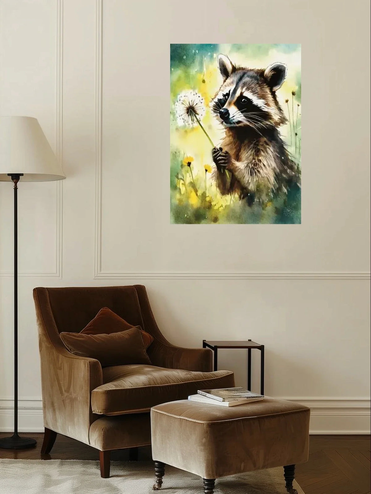 Raccoon Shaking a Dandelion - extra large 36 x 48 unframed art print shown hanging on a wall