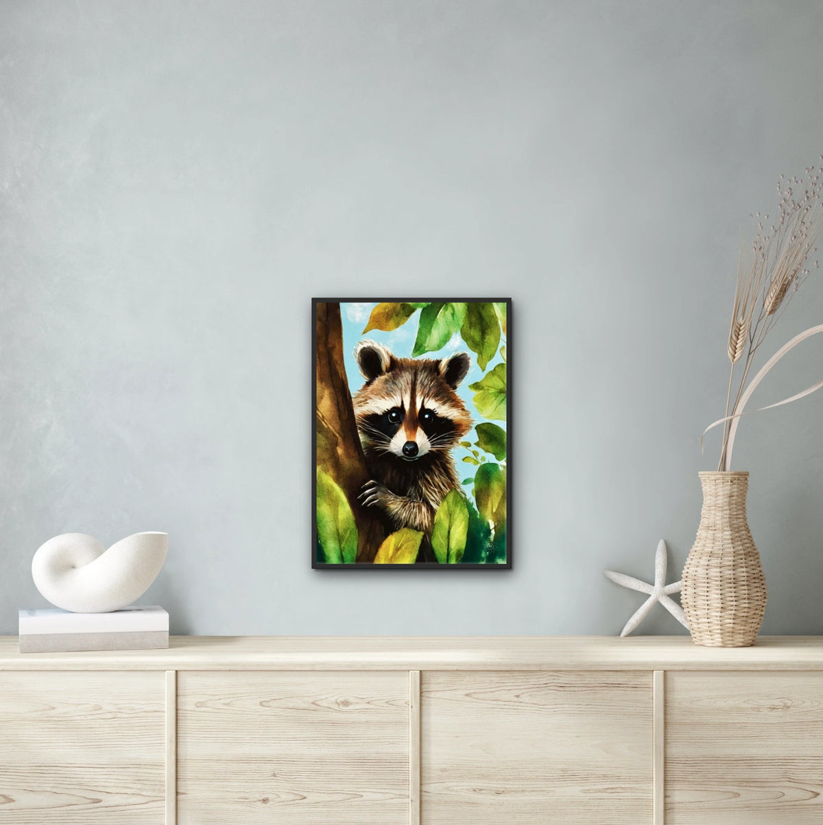 Raccoon Tree Sitter - large 24 x 36 framed art print shown hanging on a wall