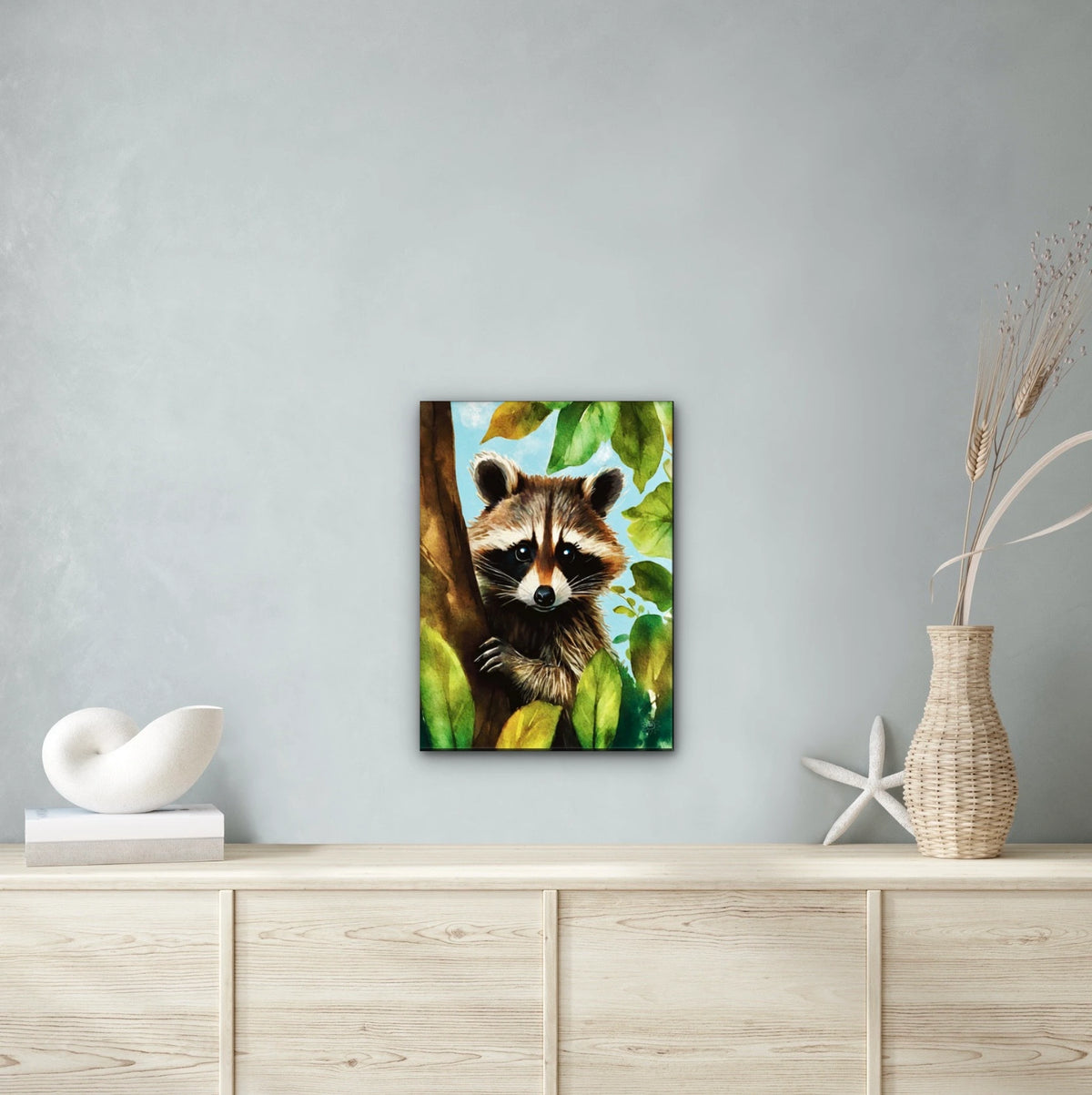 Raccoon Tree Sitter - large 24 x 36 unframed art print shown hanging on a wall