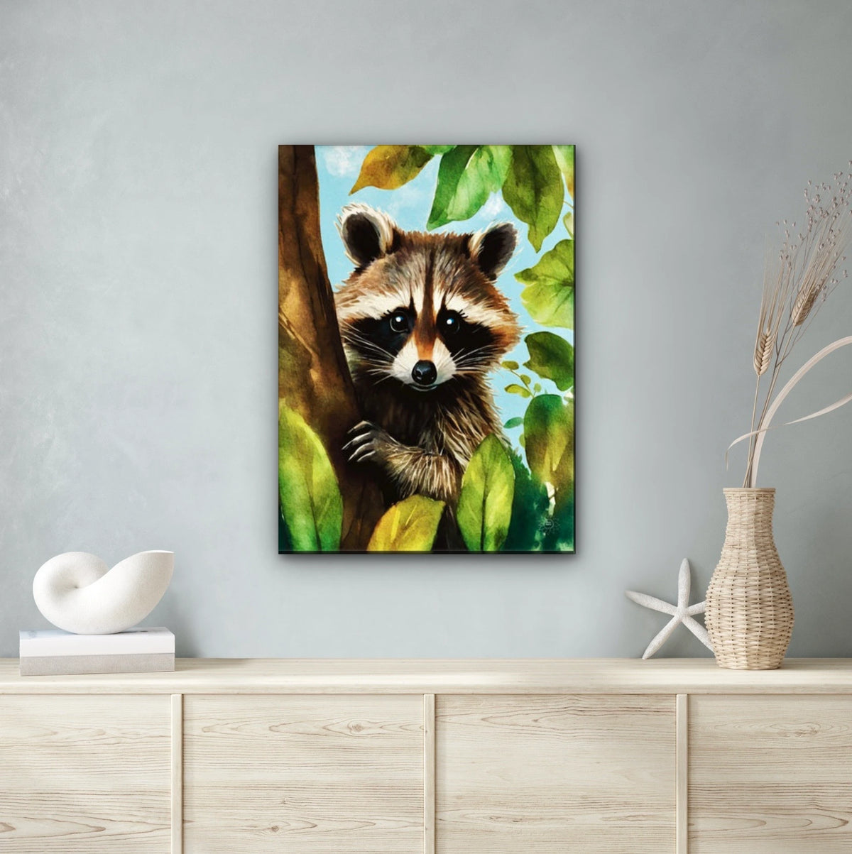 Raccoon Tree Sitter - extra large 36 x 48 unframed art print shown hanging on a wall