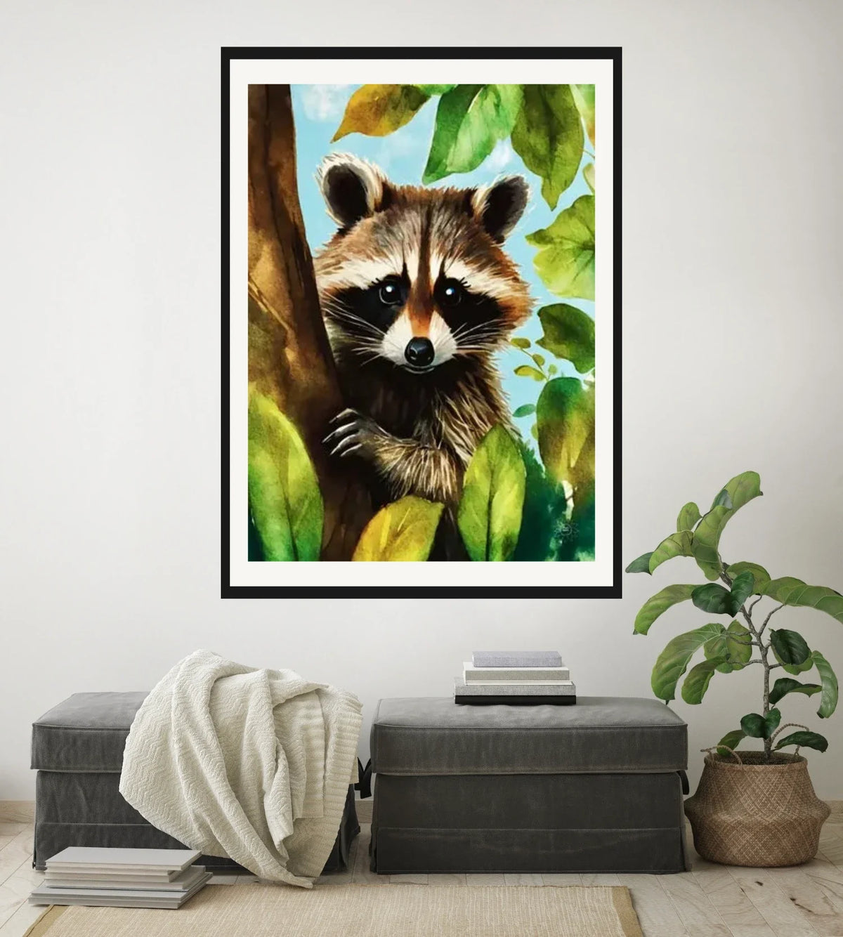 Raccoon Tree Sitter - extra large 36 x 48 matted and framed art print shown hanging on a wall