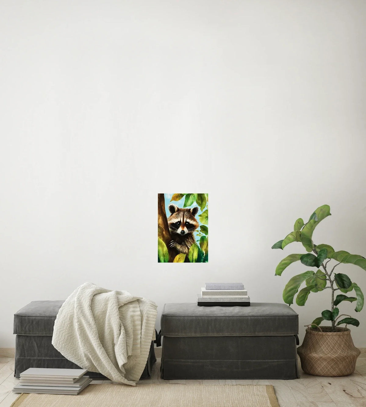 Raccoon Tree Sitter - medium 12 x 16 unframed art print shown hanging on a wall