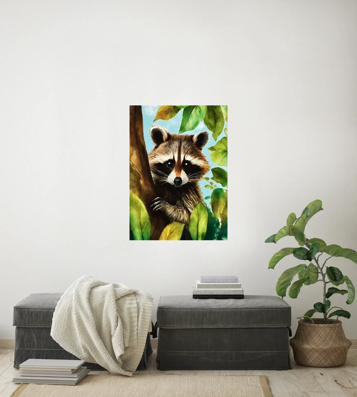 Raccoon Tree Sitter - large 24 x 36 unframed art print shown hanging on a wall