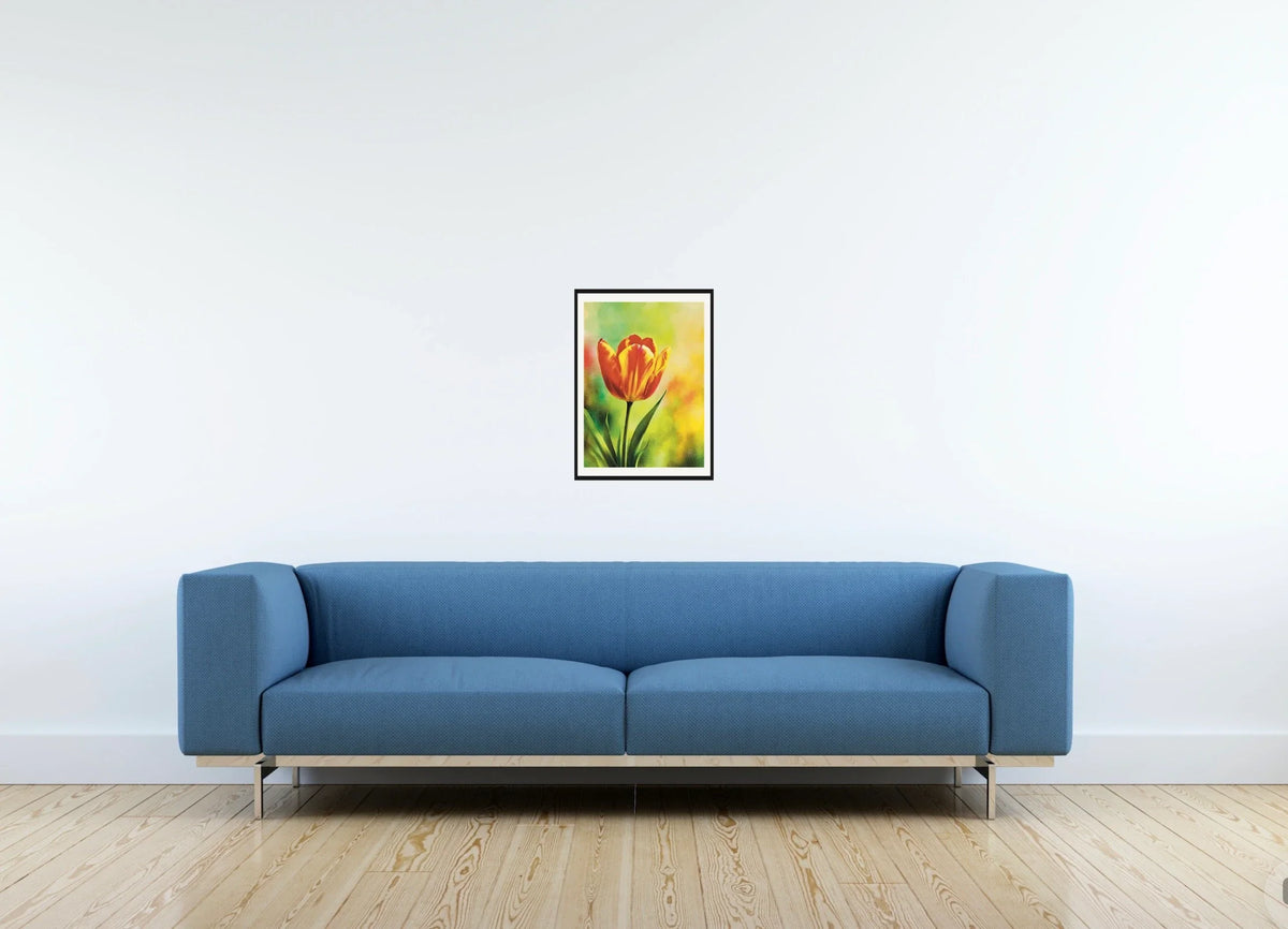 Red and Yellow Tulip - medium 12 x 16 matted and framed art print shown hanging on a wall