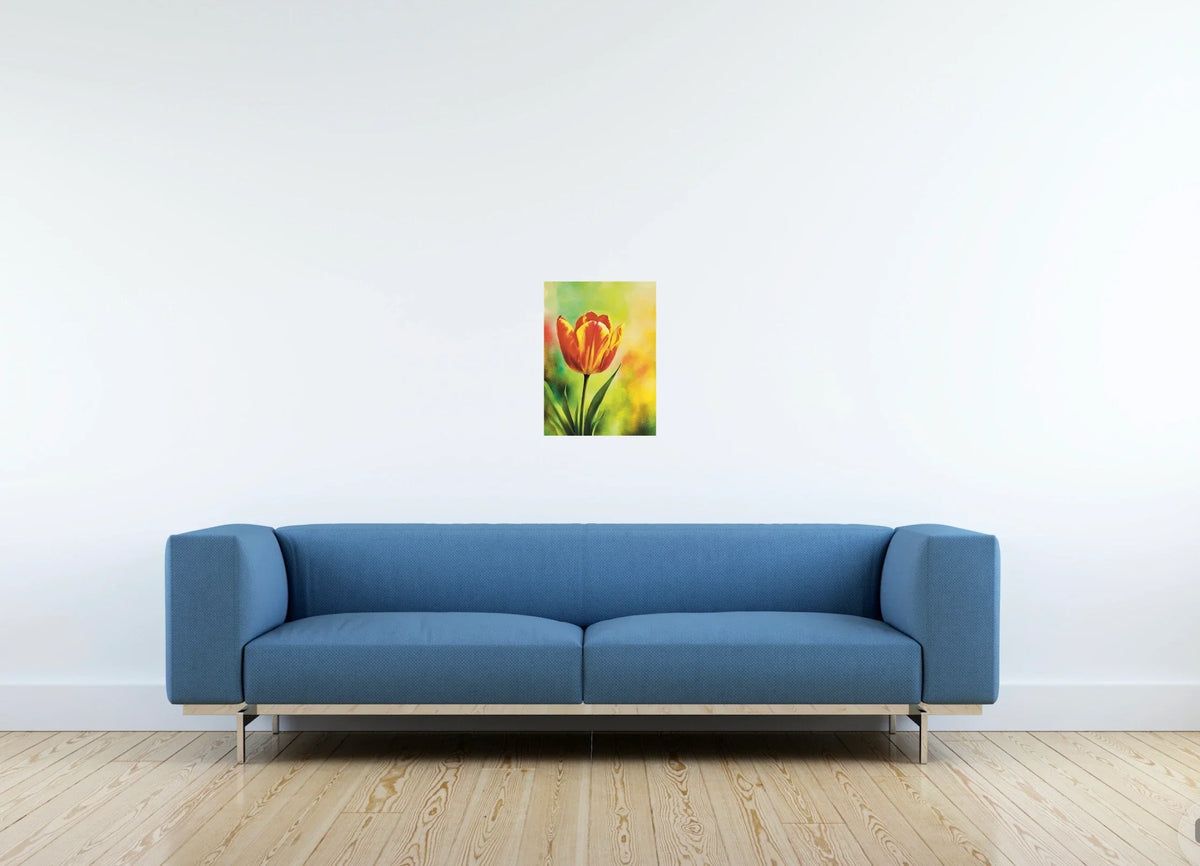 Red and Yellow Tulip - medium 12 x 16 unframed art print shown hanging on a wall