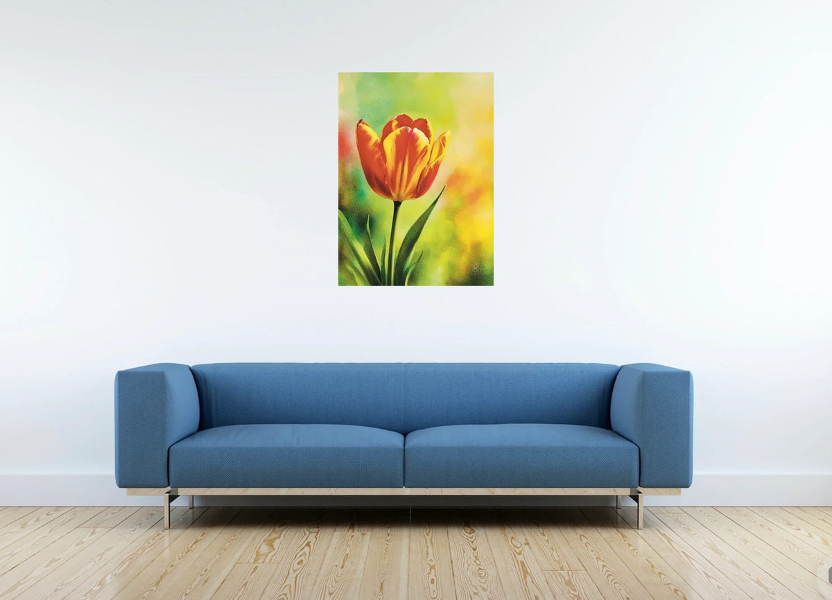 Red and Yellow Tulip - large 24 x 36 unframed art print shown hanging on a wall