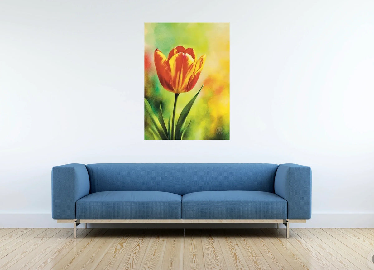 Red and Yellow Tulip - extra large 36 x 48 unframed art print shown hanging on a wall