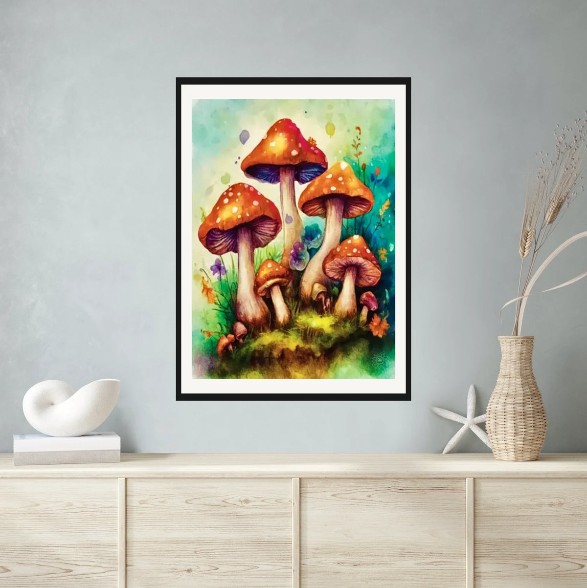 Red Cap Mushrooms with Flowers - extra large 36 x 48 matted and framed art print shown hanging on a wall