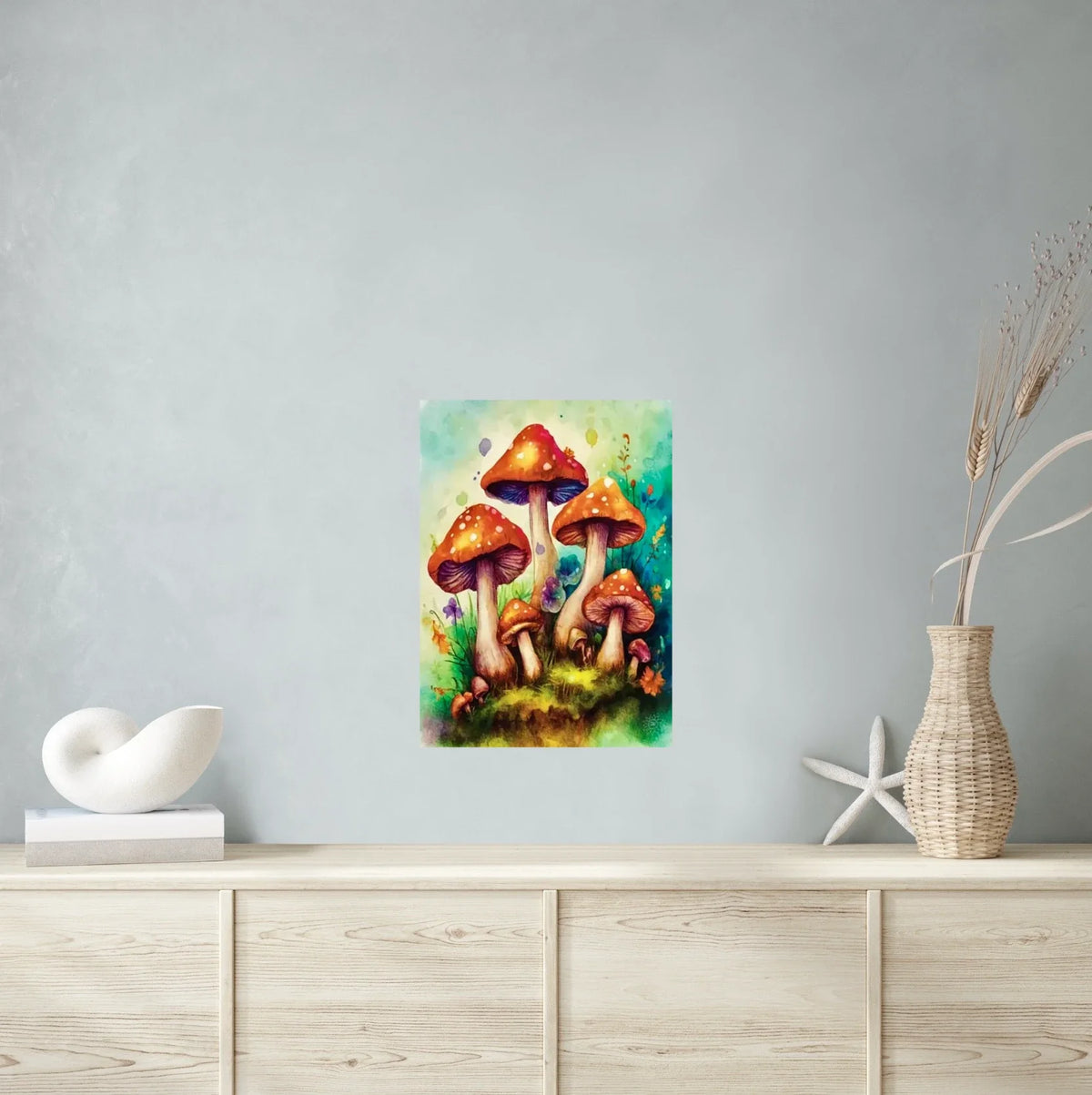 Red Cap Mushrooms with Flowers - large 24 x 36 unframed art print shown hanging on a wall