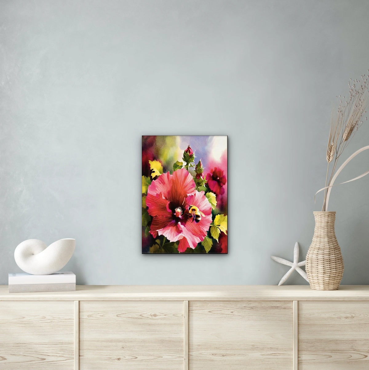 Red Hollyhock with Bee - large 24 x 36 unframed art print shown hanging on a wall