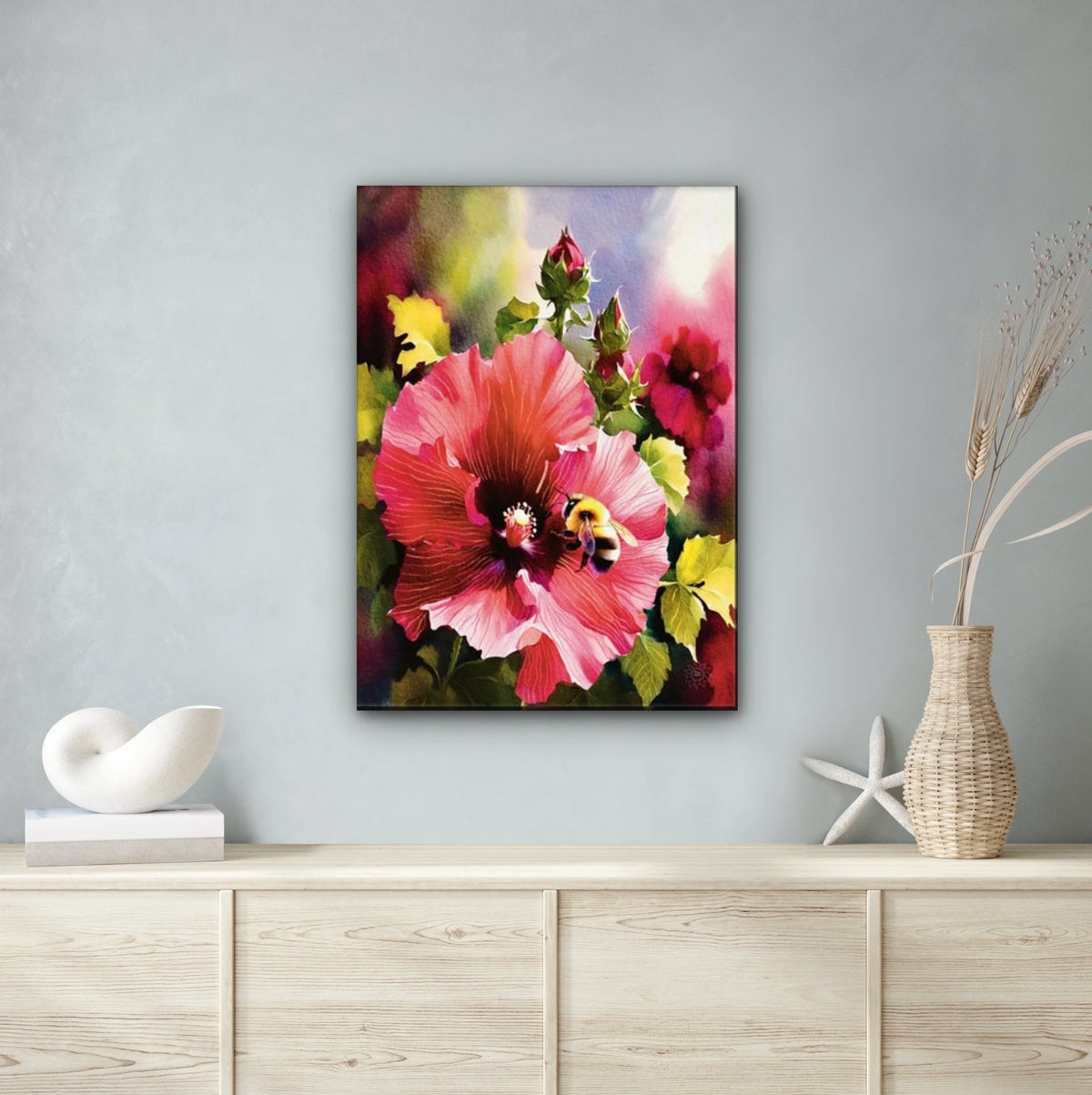 Red Hollyhock with Bee - extra large 36 x 48 unframed art print shown hanging on a wall