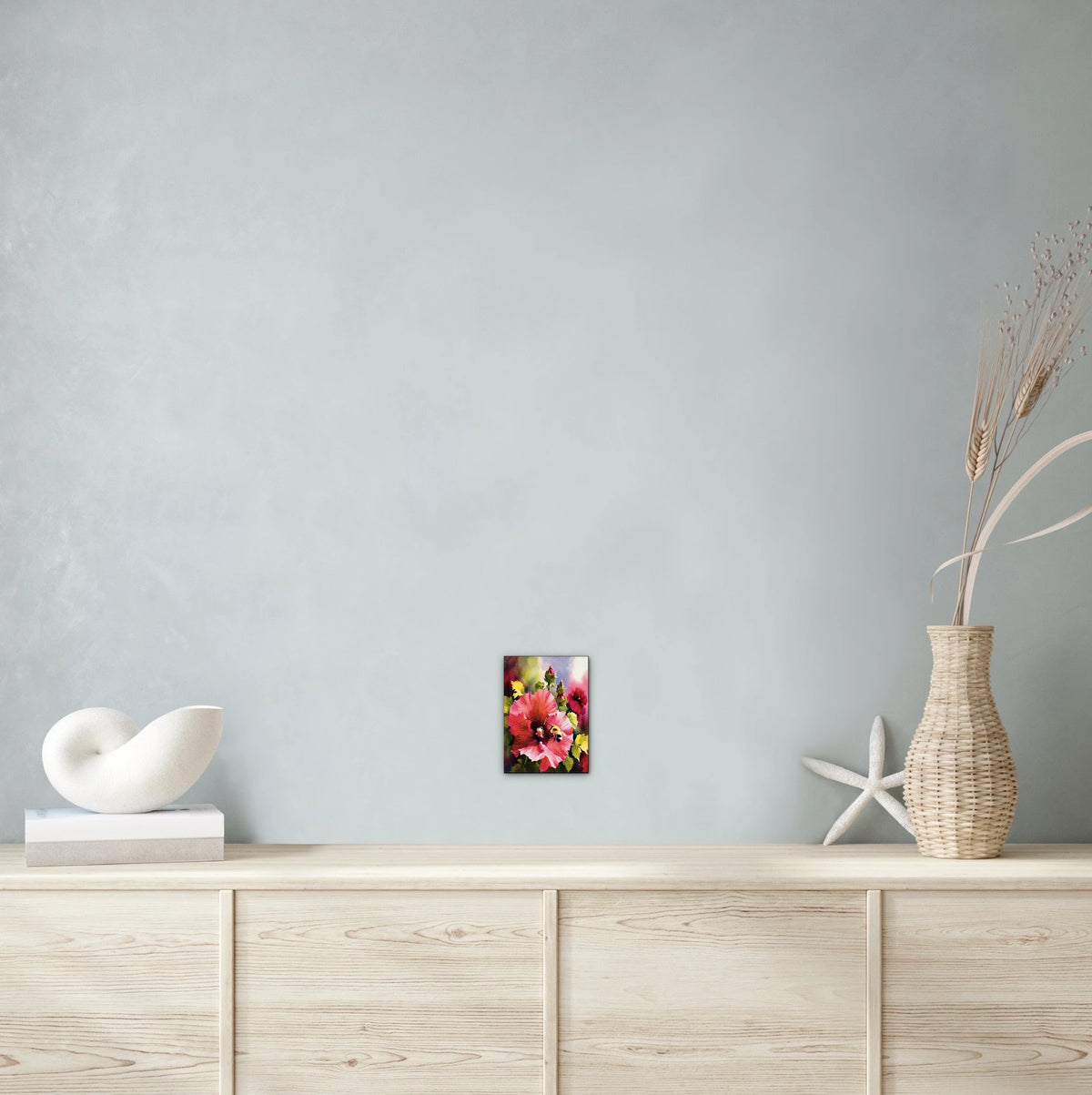 Red Hollyhock with Bee - small 8 x 10 unframed art print shown hanging on a wall