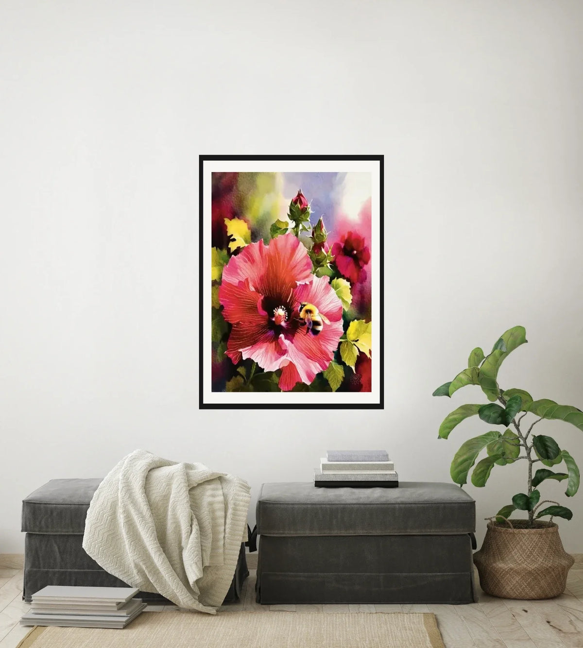 Red Hollyhock with Bee - large 24 x 36 matted and framed art print shown hanging on a wall