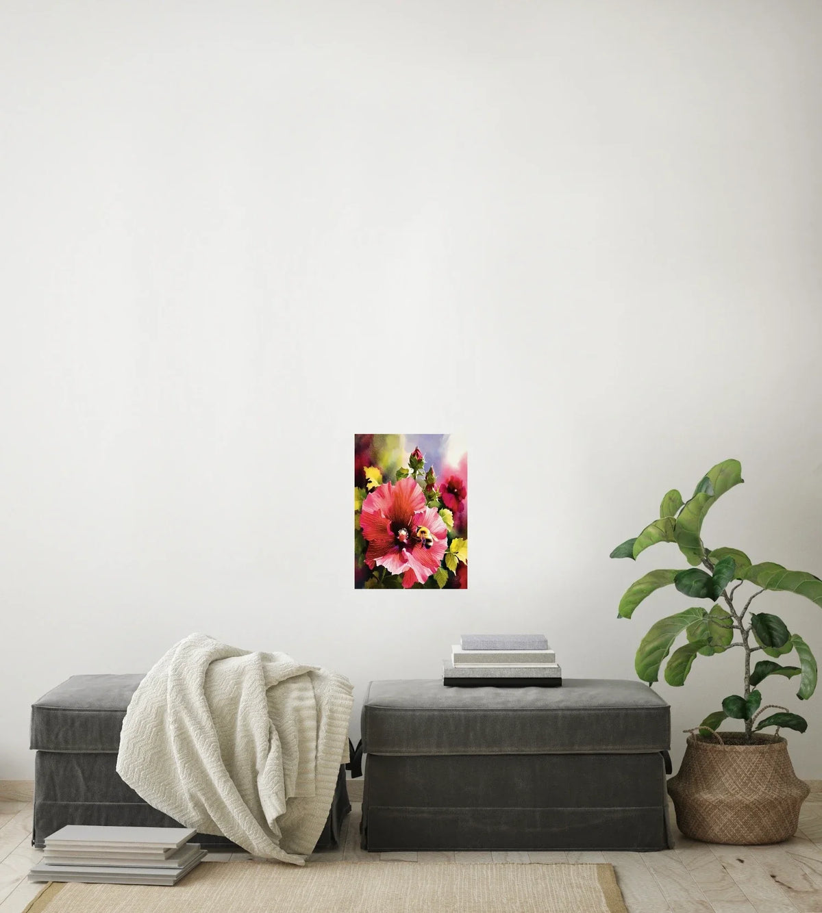 Red Hollyhock with Bee - medium 12 x 16 unframed art print shown hanging on a wall