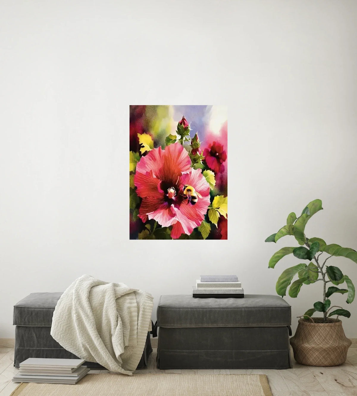 Red Hollyhock with Bee - large 24 x 36 unframed art print shown hanging on a wall