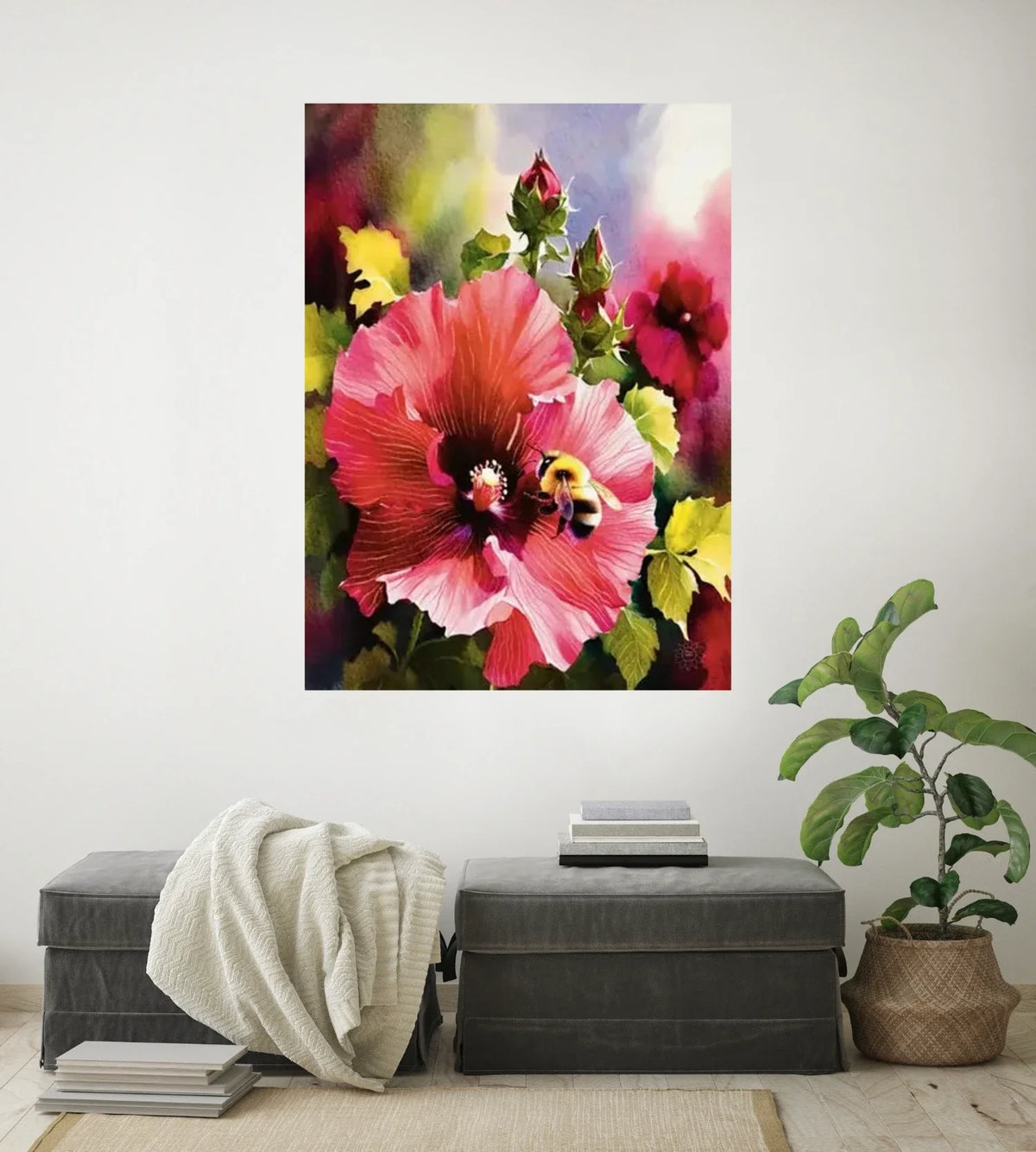 Red Hollyhock with Bee - extra large 36 x 48 unframed art print shown hanging on a wall
