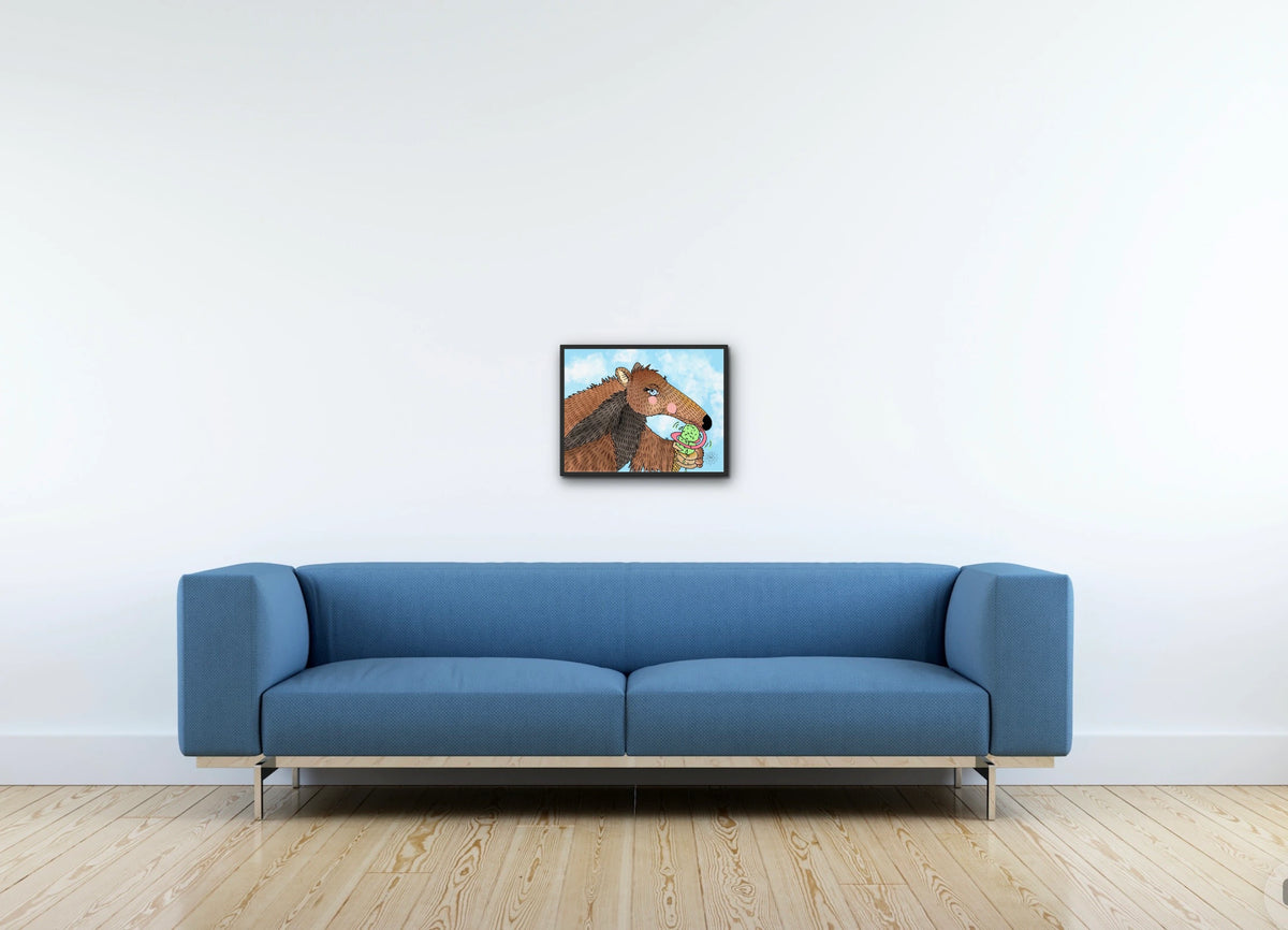Riley The Anteater - medium 12 x 16 framed art print shown hanging on a wall