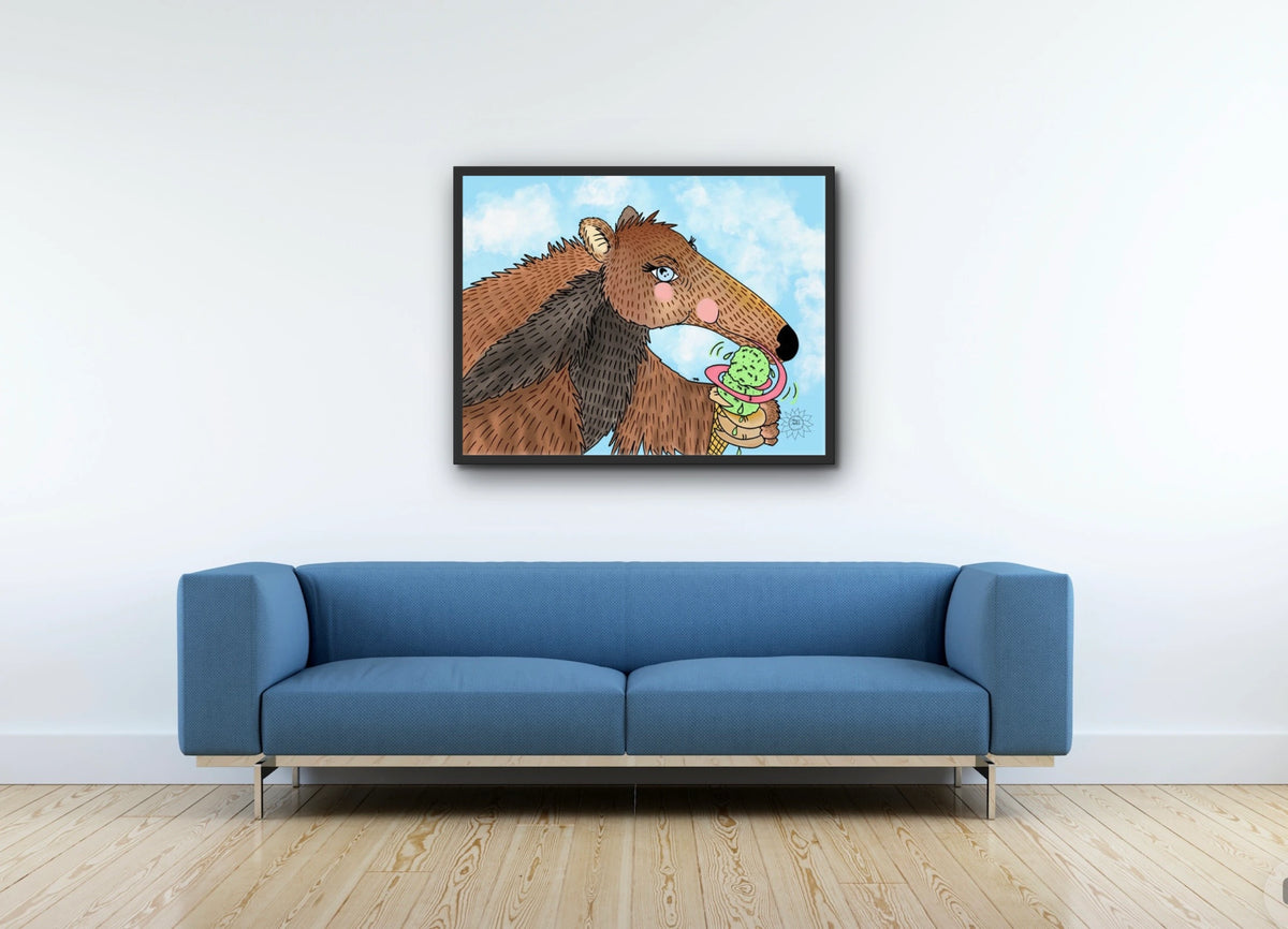 Riley The Anteater - large 24 x 36 framed art print shown hanging on a wall