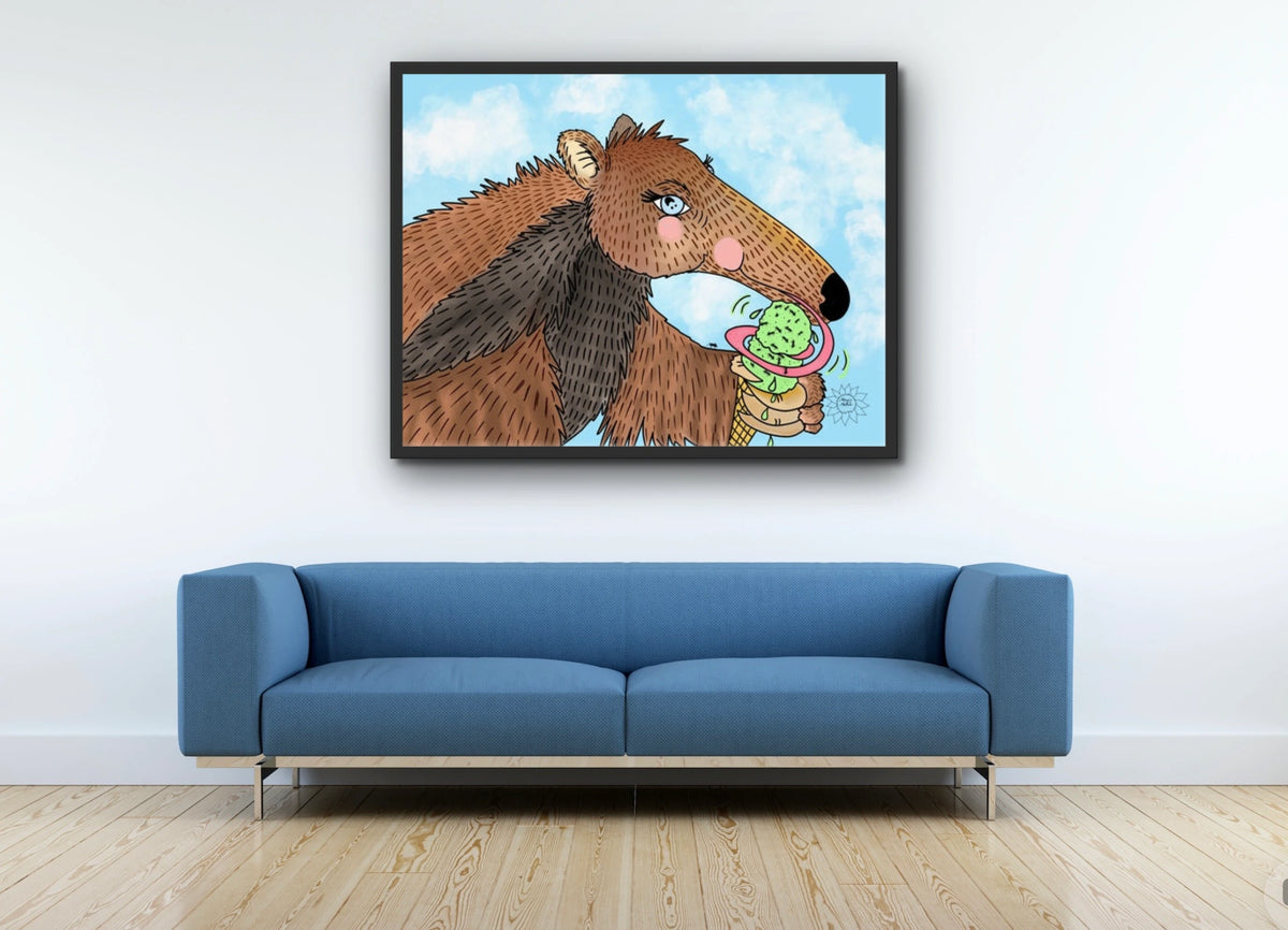 Riley The Anteater - extra large 36 x 48 framed art print shown hanging on a wall