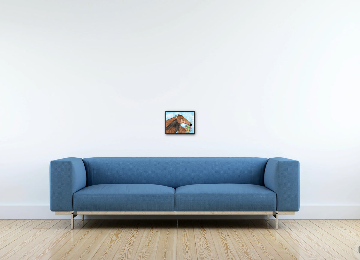 Riley The Anteater - small 8 x 10 framed art print shown hanging on a wall
