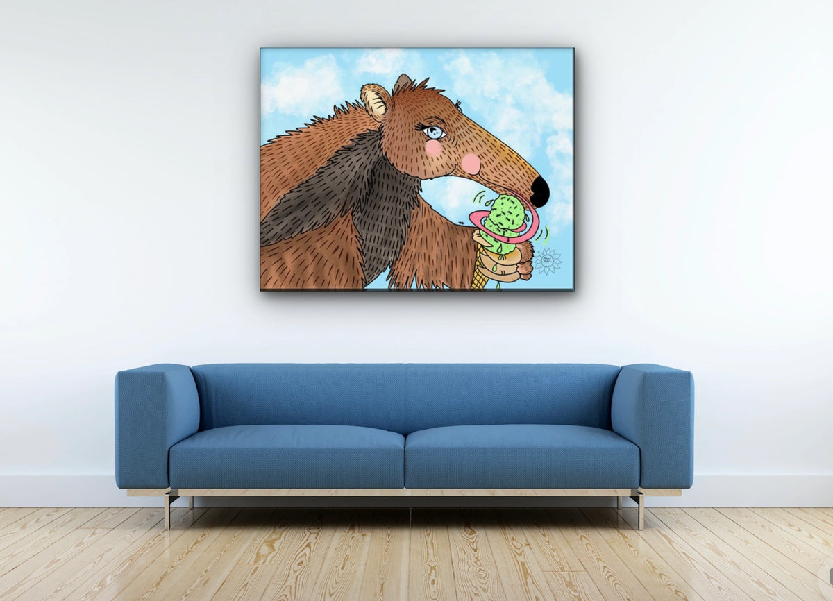 Riley The Anteater - extra large 36 x 48 unframed art print shown hanging on a wall