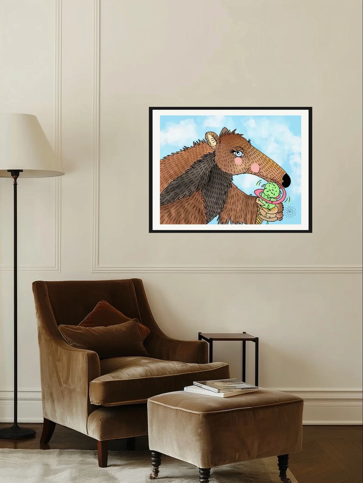 Riley The Anteater - large 24 x 36 matted and framed art print shown hanging on a wall