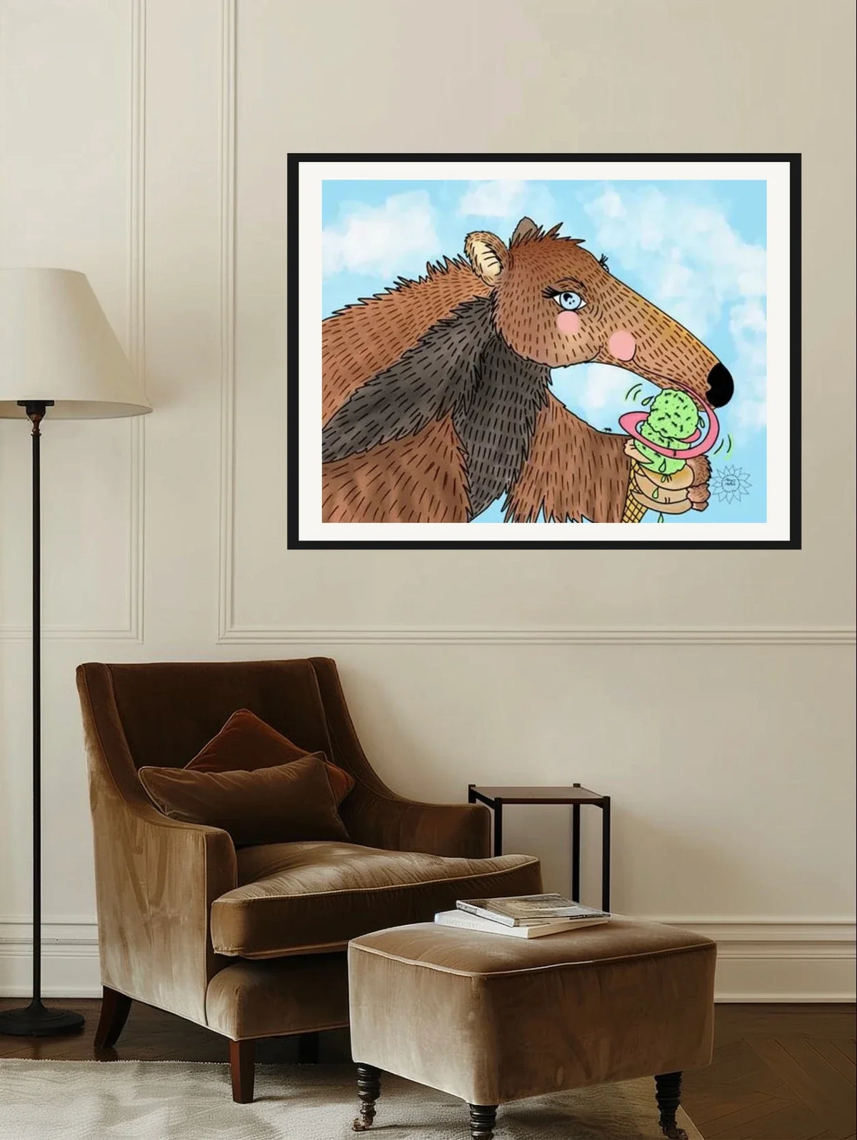 Riley The Anteater - extra large 36 x 48 matted and framed art print shown hanging on a wall