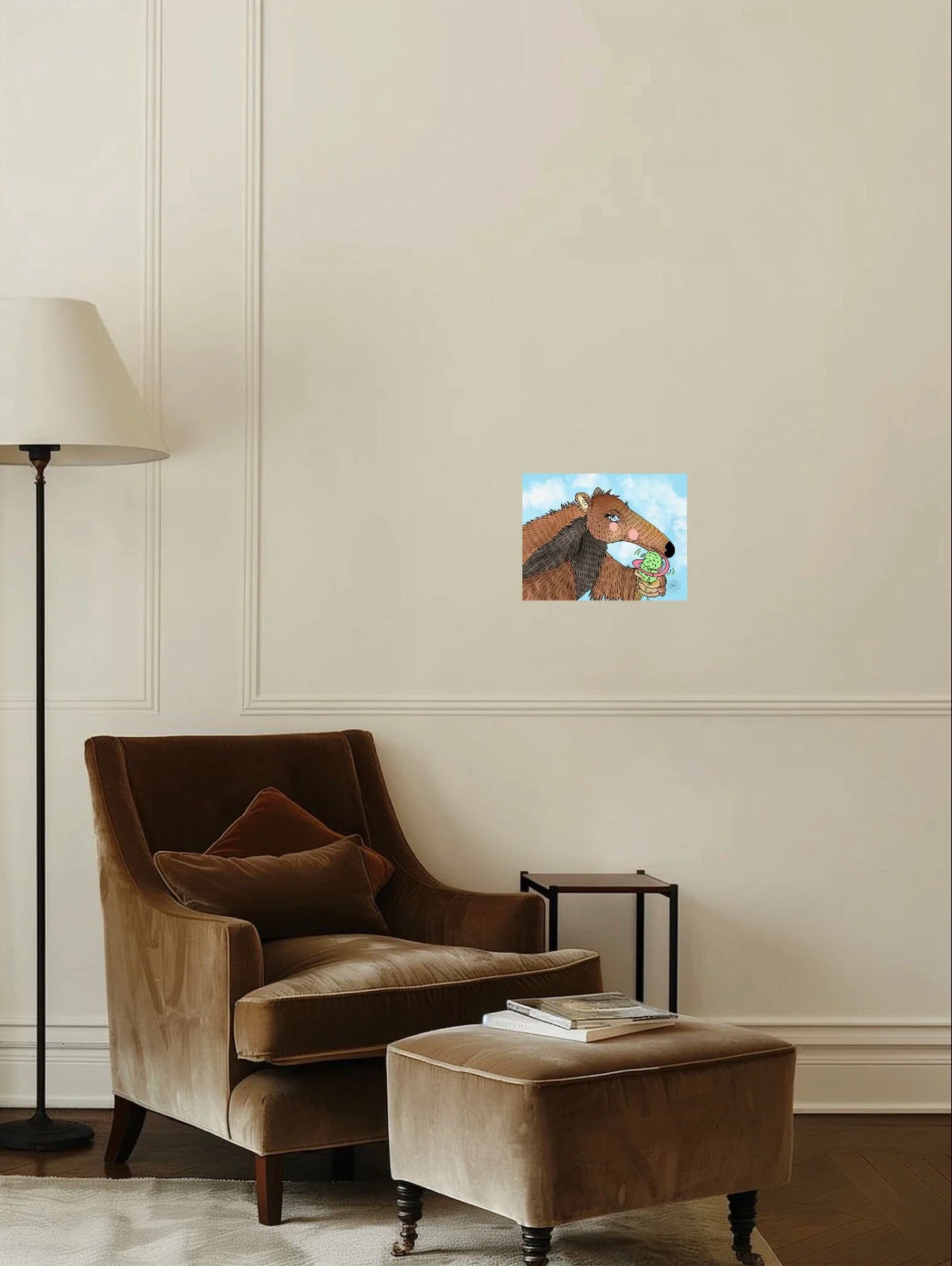 Riley The Anteater - medium 12 x 16 unframed art print shown hanging on a wall