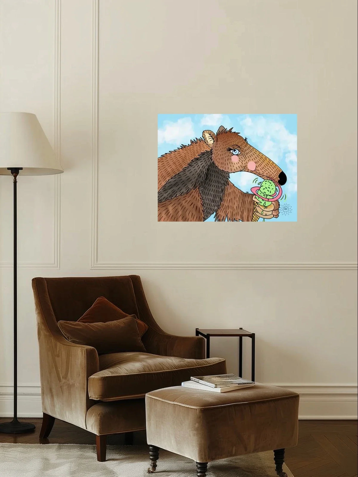 Riley The Anteater - large 24 x 36 unframed art print shown hanging on a wall