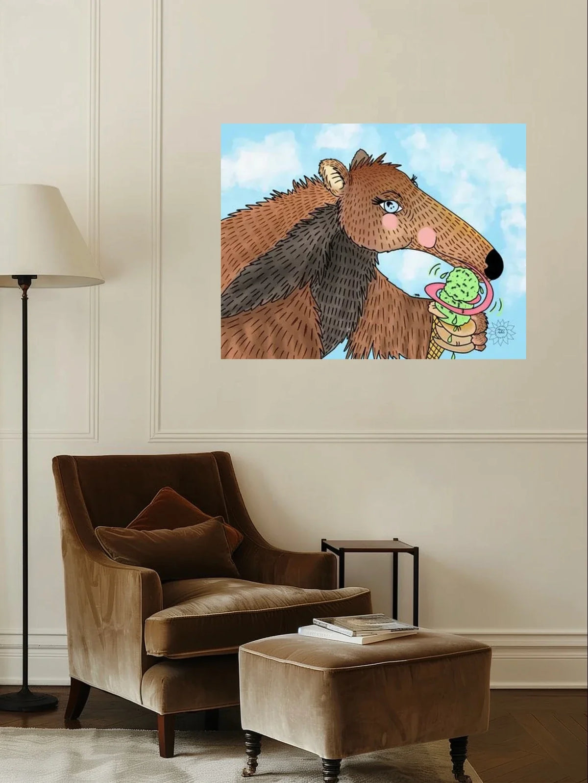 Riley The Anteater - extra large 36 x 48 unframed art print shown hanging on a wall