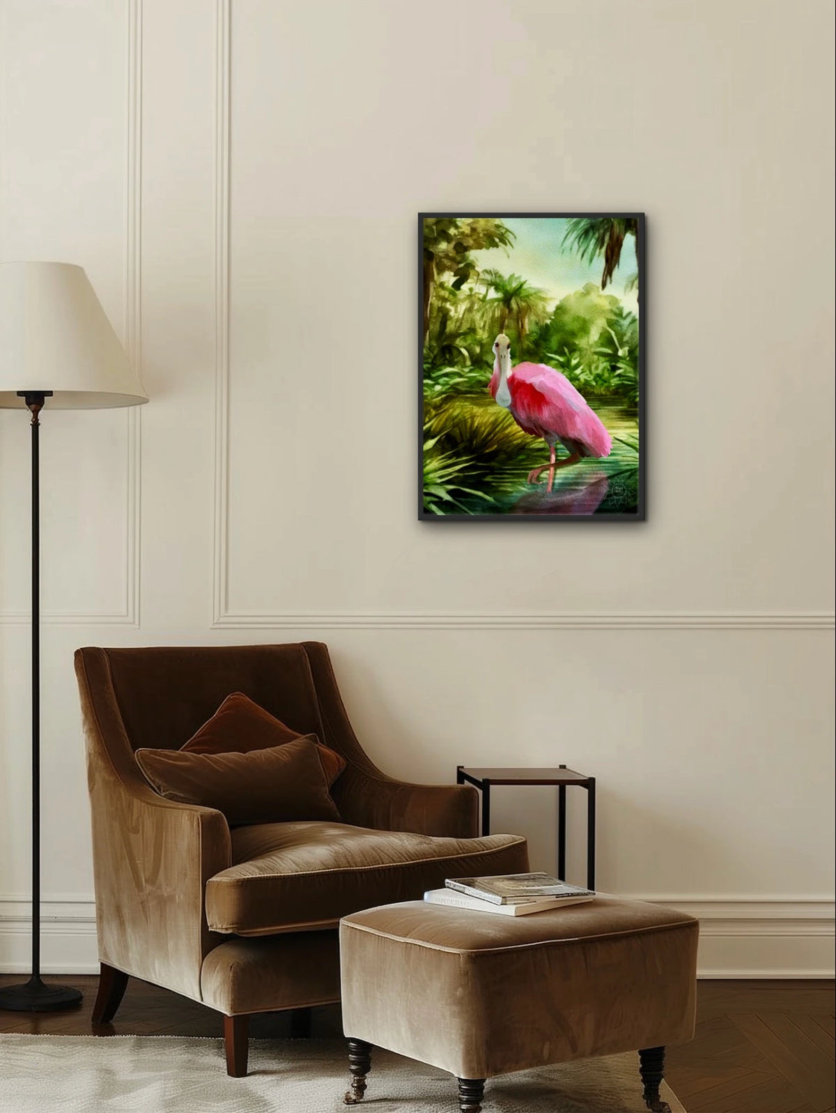 Roseate Spoonbill - large 24 x 36 framed art print shown hanging on a wall