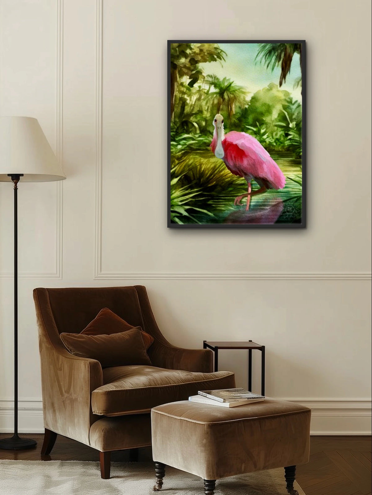 Roseate Spoonbill - extra large 36 x 48 framed art print shown hanging on a wall