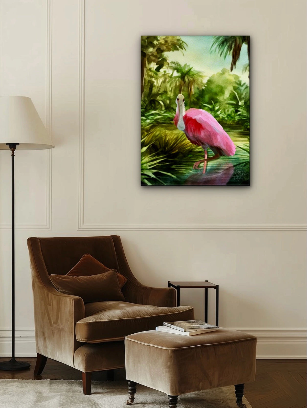 Roseate Spoonbill - extra large 36 x 48 unframed art print shown hanging on a wall