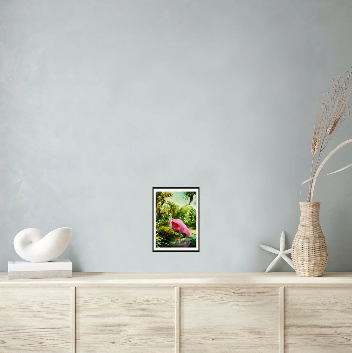 Roseate Spoonbill - medium 12 x 16 matted and framed art print shown hanging on a wall