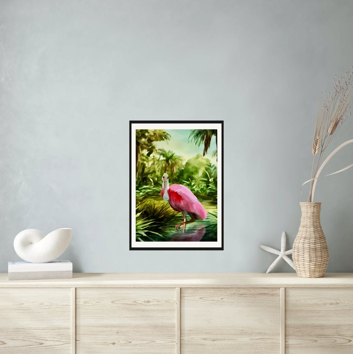 Roseate Spoonbill - large 24 x 36 matted and framed art print shown hanging on a wall