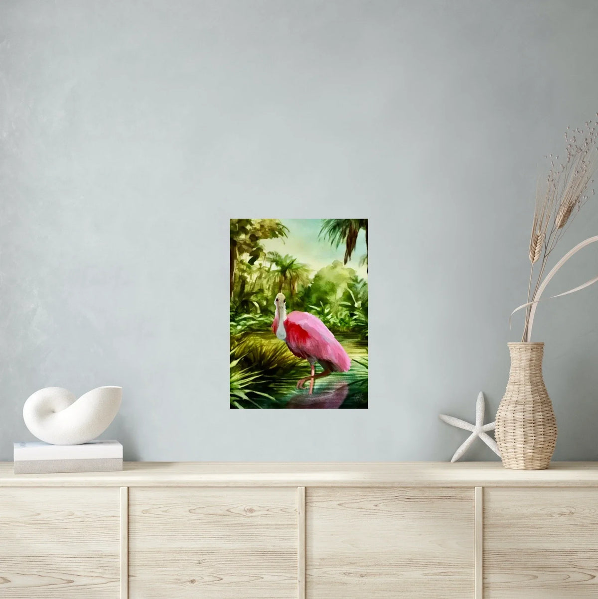 Roseate Spoonbill - large 24 x 36 unframed art print shown hanging on a wall