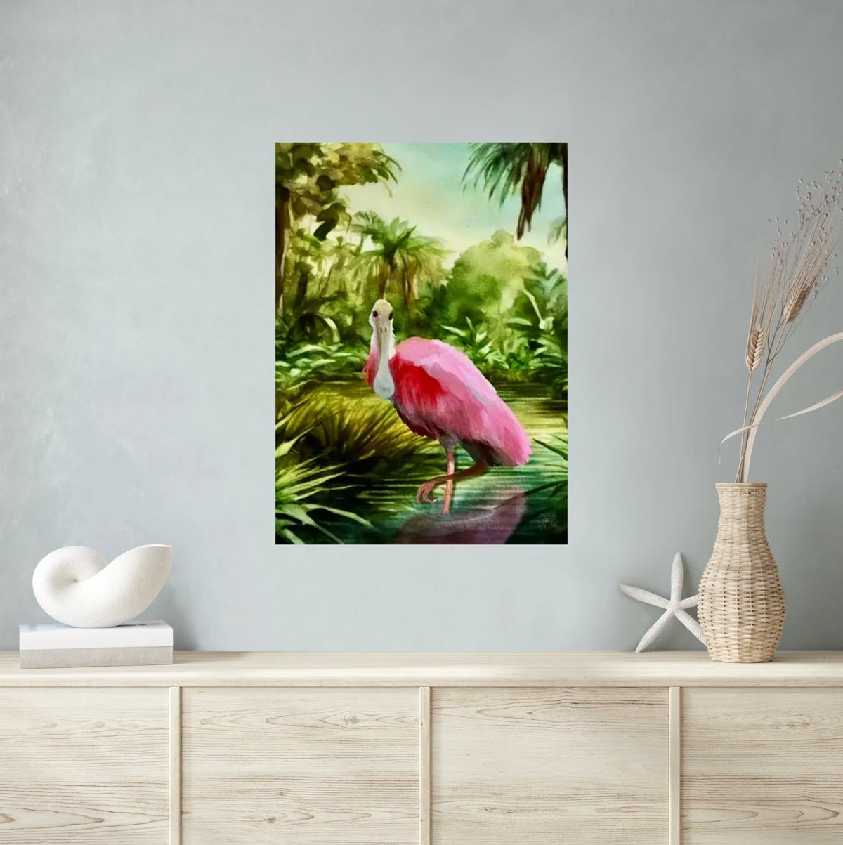 Roseate Spoonbill - extra large 36 x 48 unframed art print shown hanging on a wall