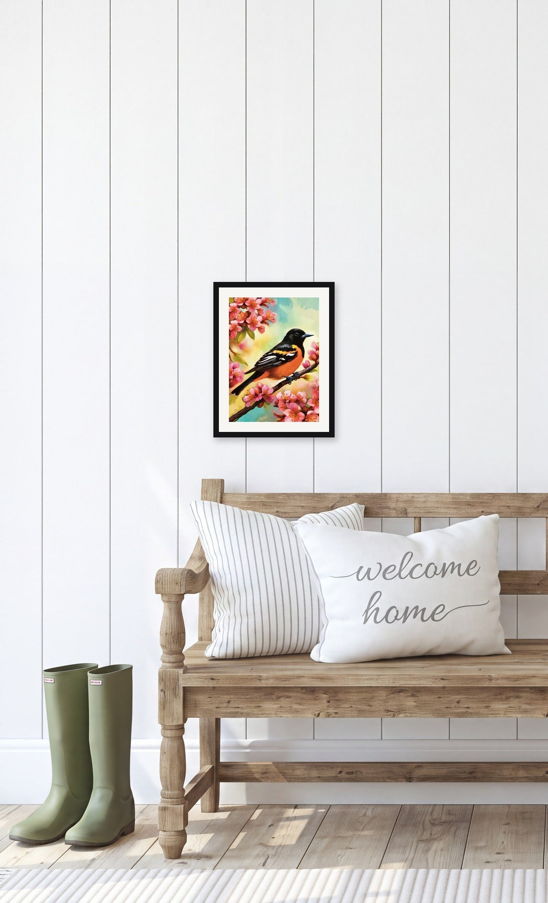 This is a medium 12 x 16 matted and framed art print of a Baltimore oriole perched among pink cherry blossoms. Created by professional artists, this high-quality print on textured matte paper adds a touch of character to any home or office decor.