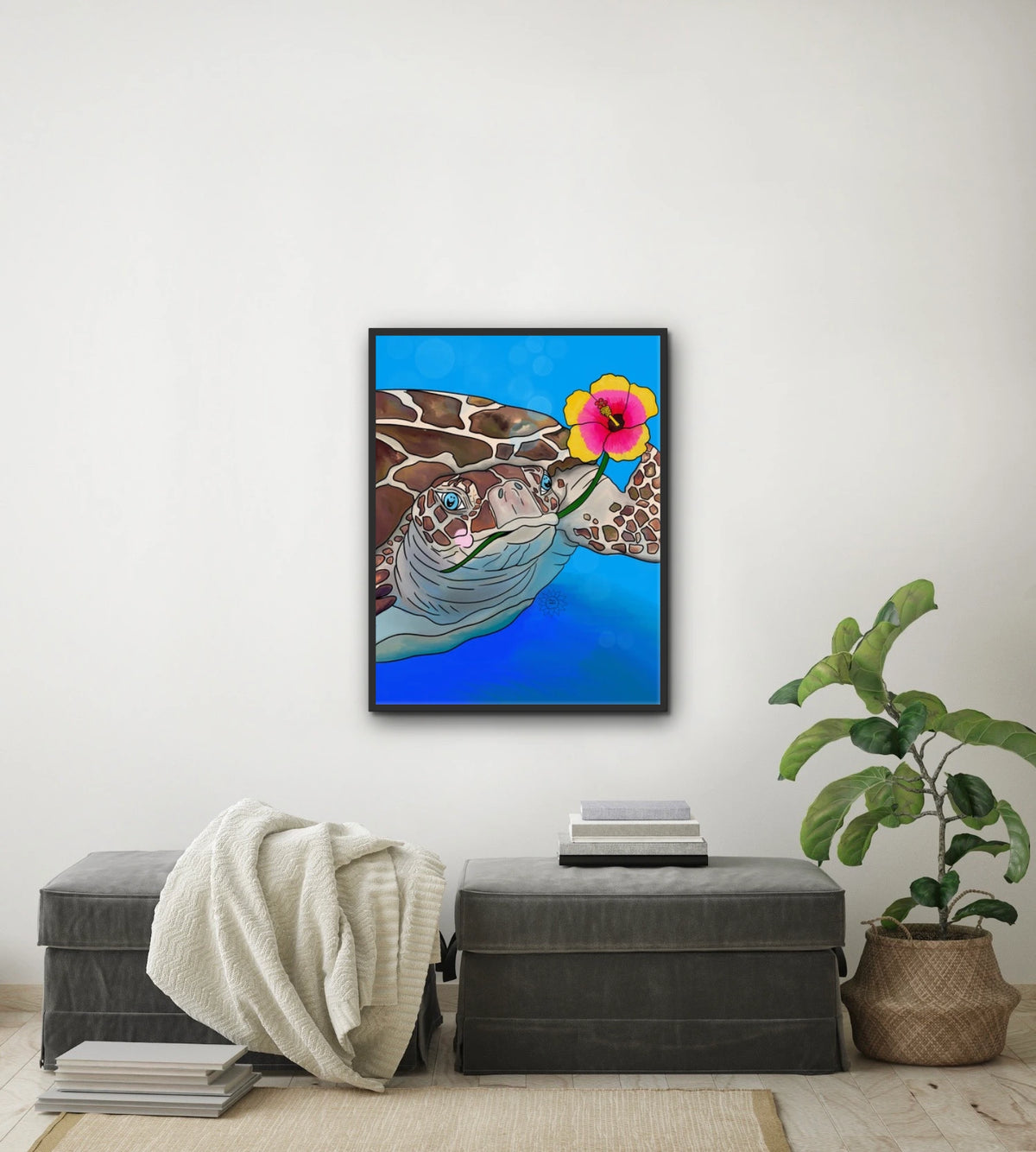 Sawyer the Turtle - large 24 x 36 framed art print shown hanging on a wall